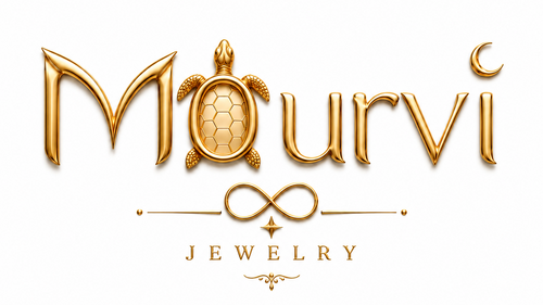 Gold-colored logo text reading 'Mourvi' with a turtle design inside the letter 'o', plus 'JEWELRY' underneath on a plain white background.